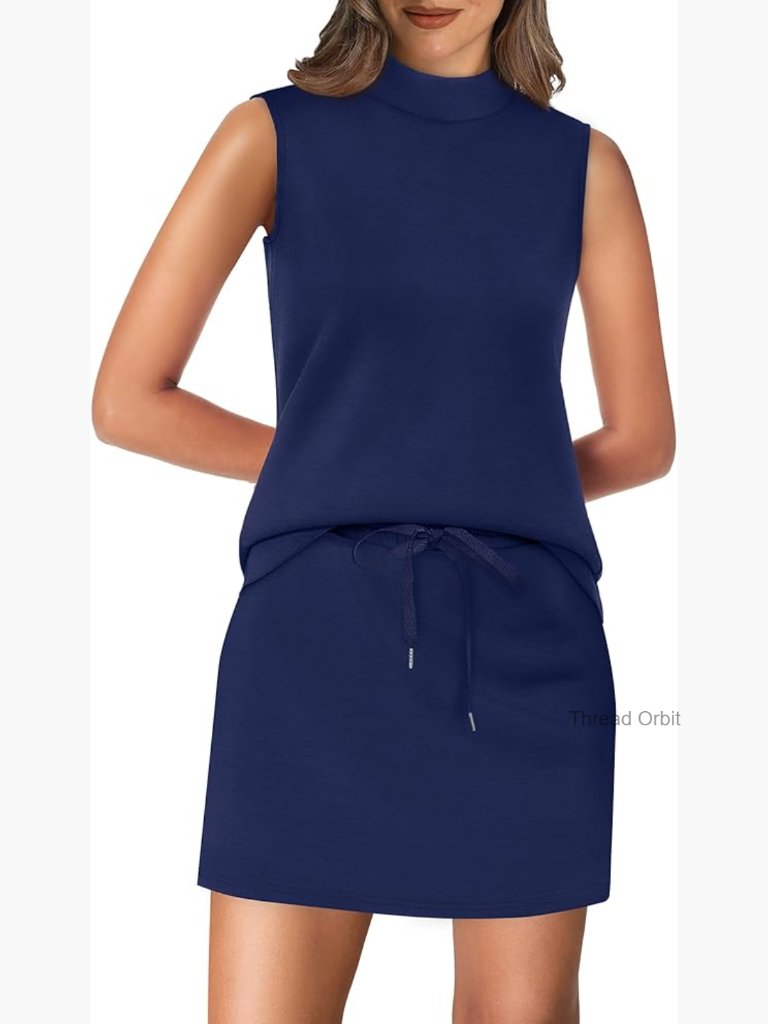 Two Piece Skirt Set Mock Neck Top Tennis Skirt With Built-In Shorts Pockets